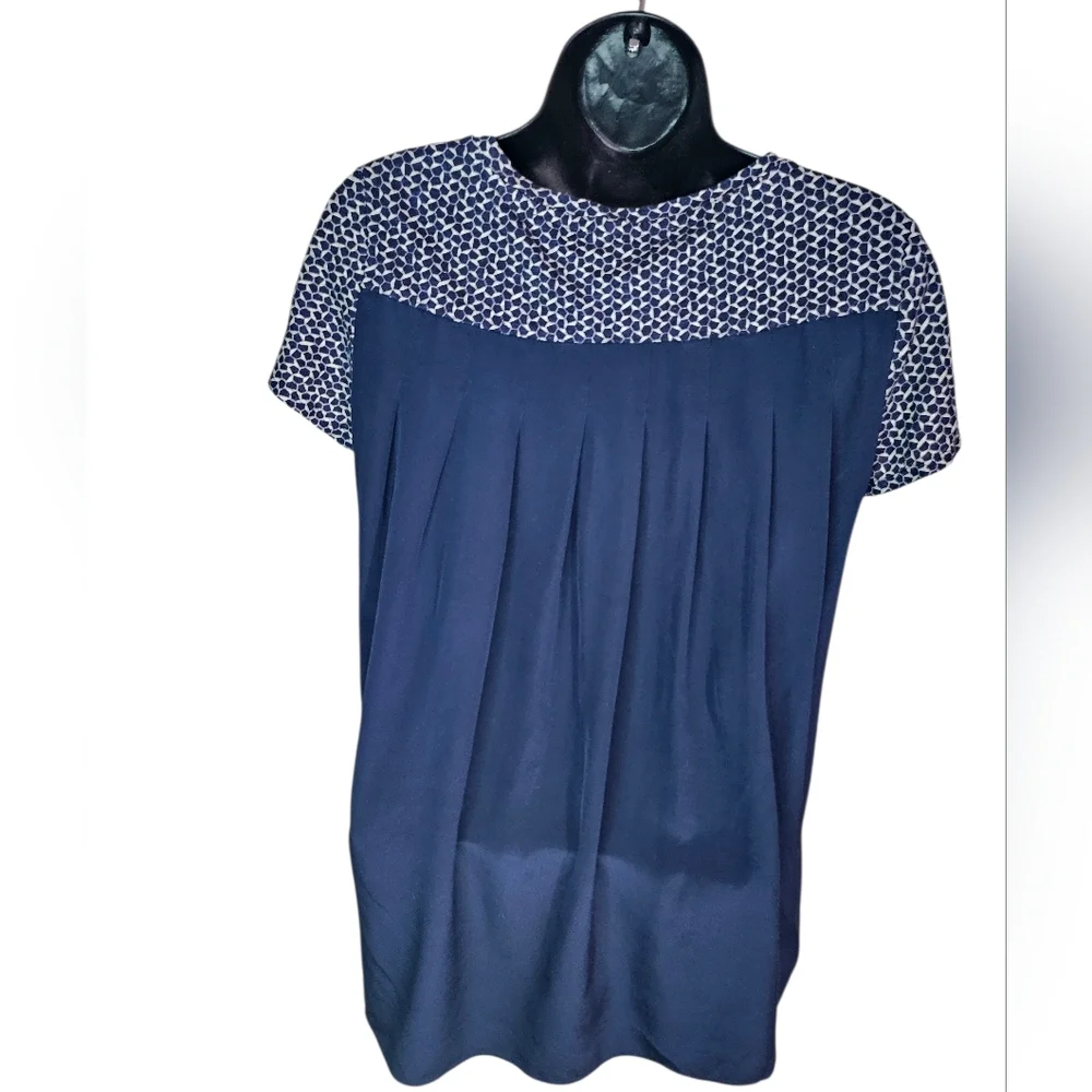 Tory Burch Tessera Navy Blue Linen Silk Short Sleeve Top Shirt Small